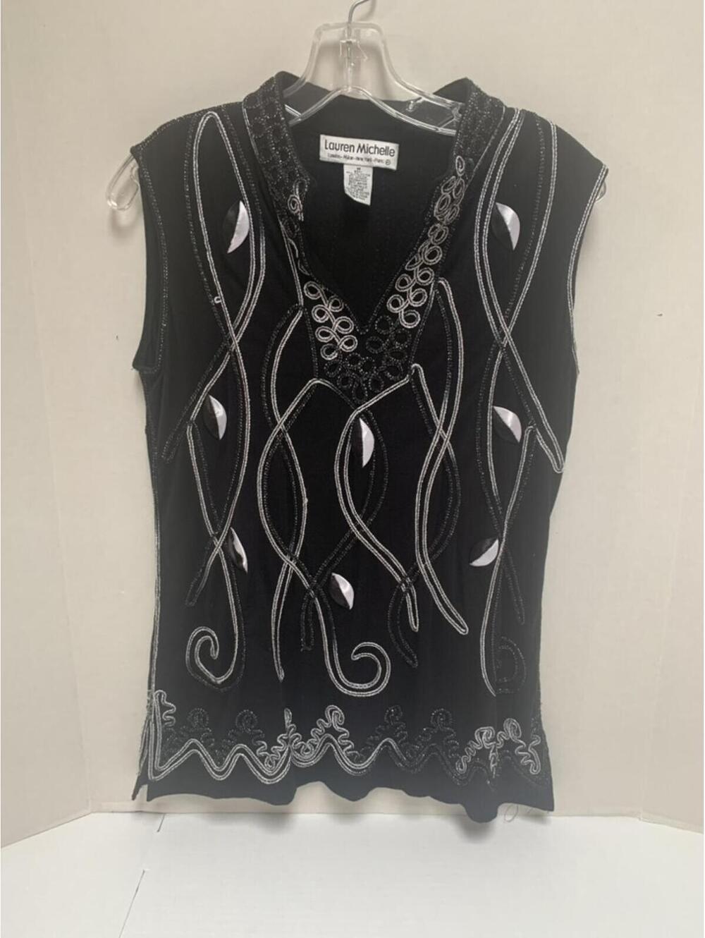 Lauren Michelle Y2K  Black Silver Metallic Sleeveless Embroid Size M Shirt Top
